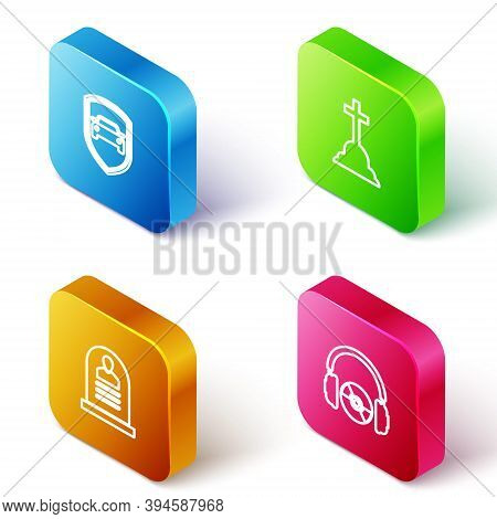 Set Isometric Line Car Protection Or Insurance, Tombstone With Cross, Rip Written And Headphones And