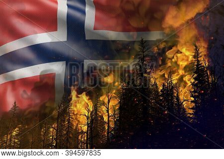 Forest Fire Fight Concept, Natural Disaster - Burning Fire In The Woods On Norway Flag Background - 