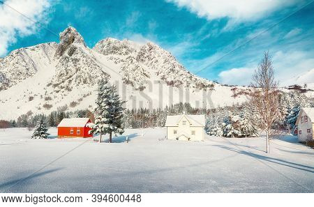 Astonishing Winter Scenery With Traditional Norwegian Wooden Houses And Pine Trees Near Valberg Vill