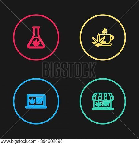 Set Line Online Buying Marijuana, , Cup Tea With And Test Tube Icon. Vector