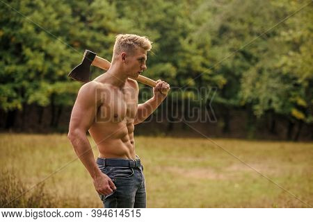 Sexy Macho Bare Torso. Surviving In Wild Nature. Brutality Is Sexy. Strength And Power Concept. Hand