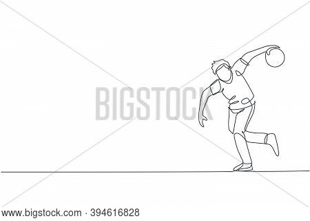 Single Continuous Line Drawing Of Young Happy Bowling Player Man Throw Bowling Ball To Hit The Pins.