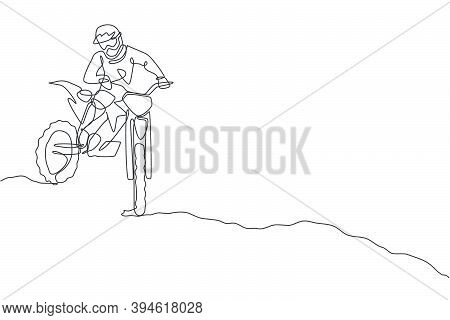 Single Continuous Line Drawing Of Young Motocross Rider Down The Hill At Full Speed. Extreme Sport R