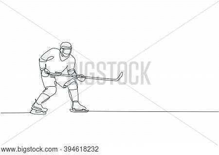 Single Continuous Line Drawing Of Young Professional Ice Hockey Player Pose Stance Defense On Ice Ri