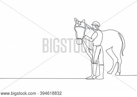 One Continuous Line Drawing Of Young Horse Rider Man Rubbing And Stroking Horsehair. Equine Pet Care