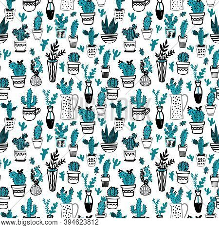 Illustration Of Willow Branches In Vase Isolated On A White Background. Seamless Surface Pattern.