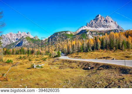 Scenic Image Of The Alpine Road  In National Park Tre Cime Di Lavaredo. Location: National Park Tre 