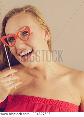 Happy Woman Holding Paper Decoration Photo Booth Mask Glasses On Stick, Having Fun. Wedding, Birthda