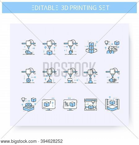3d Printing Line Icons Set Line Icon. 3d Modeling And Rendering Process. Additive Manufacturing, Fab