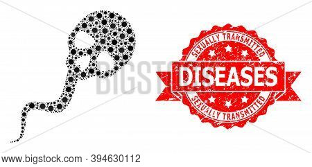 Vector Collage Dead Sperm Of Virus, And Sexually Transmitted Diseases Rubber Ribbon Seal Imitation. 