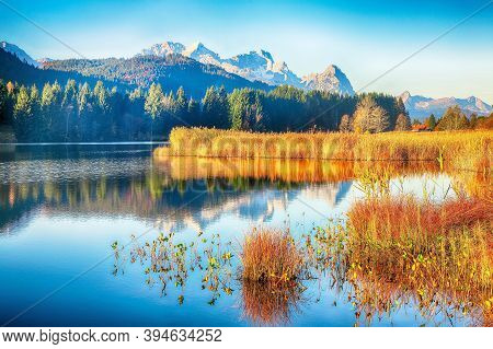 Astonishing View Of Wagenbruchsee (geroldsee) Lake With Zugspitze Mountain Range On Background. Loca