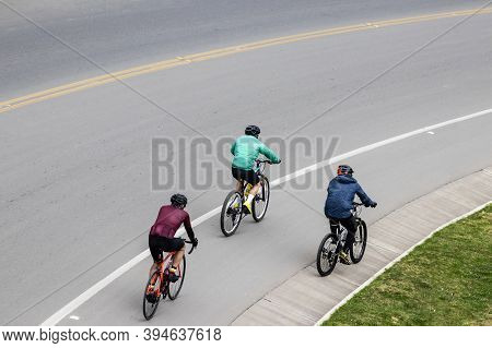 Overhead Shot Of The Amateur Cyclists On The Road Between Bogota And La Calera On The Mountains In C
