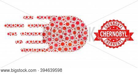 Vector Collage Electron Flight Of Flu Virus, And Chernobyl Scratched Ribbon Seal Print. Virus Elemen