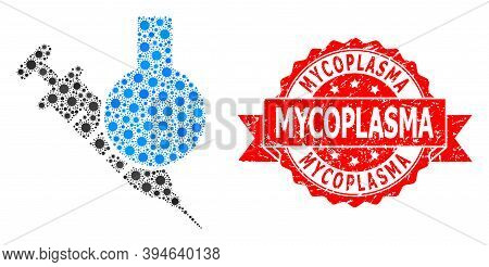 Vector Collage Chemical Vaccine Of Corona Virus, And Mycoplasma Corroded Ribbon Stamp. Virus Element