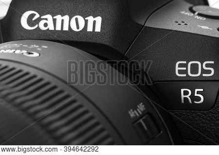 Varna, Bulgaria - November 07,2020: Image Of Canon Eos R5 Mirrorless Digital Camera With 8k Raw Vide