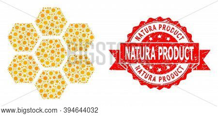 Vector Mosaic Honeycombs Of Flu Virus, And Natura Product Scratched Ribbon Seal. Virus Cells Inside 