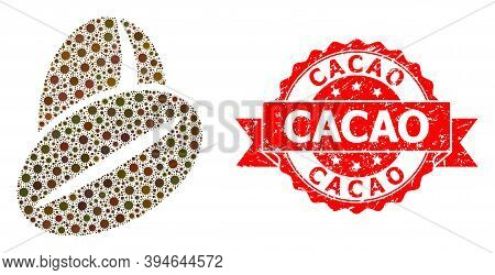 Vector Mosaic Cacao Beans Of Sars Virus, And Cacao Grunge Ribbon Stamp Seal. Virus Items Inside Caca