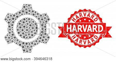 Vector Collage Gear Of Sars Virus, And Harvard Textured Ribbon Stamp. Virus Cells Inside Gear Collag