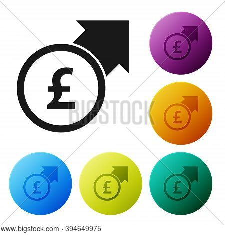 Black Financial Growth And Pound Sterling Coin Icon Isolated On White Background. Increasing Revenue