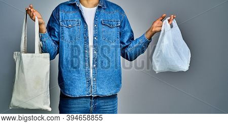 Waste Free Concept. Choice To Use Plastic Bags Or Multi-use Bags. Recycle Concept.