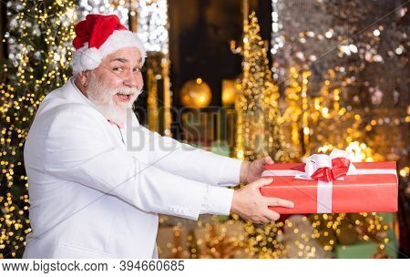 Bearded Grandfather Man Celebrate Christmas. Christmas Gift. Happy Santa Claus. Joyful Present Well 