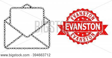 Vector Collage Open Letter Of Sars Virus, And Evanston Textured Ribbon Stamp. Virus Items Inside Ope