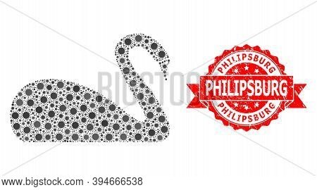 Vector Mosaic Swan Of Corona Virus, And Philipsburg Grunge Ribbon Seal Print. Virus Particles Inside