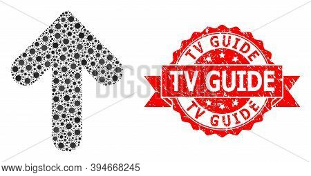 Vector Collage Up Direction Of Corona Virus, And Tv Guide Unclean Ribbon Seal Print. Virus Cells Ins