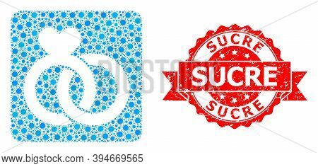 Vector Mosaic Wedding Rings Of Corona Virus, And Sucre Textured Ribbon Stamp. Virus Particles Inside