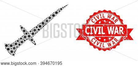Vector Mosaic Sword Of Corona Virus, And Civil War Rubber Ribbon Stamp Seal. Virus Particles Inside 