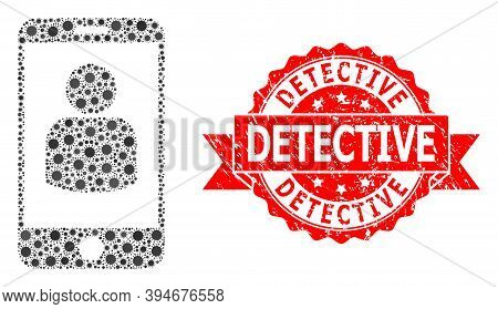 Vector Collage Smartphone User Of Covid-2019 Virus, And Detective Corroded Ribbon Seal Imitation. Vi