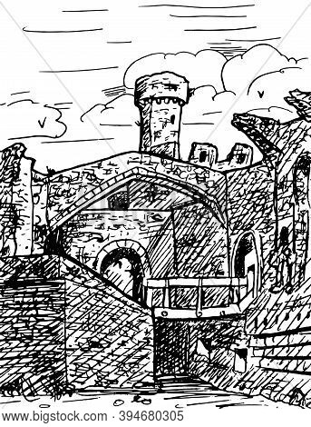 Towers And Stone Walls With Arch At The Large Conway Castle. In The Countryside Of Wales, United Kin