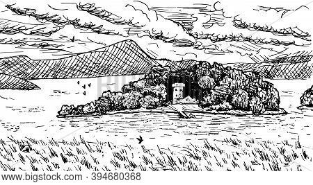 Tower And Stone Walls Of Tiny Lochleven Castle In An Island At The Loch Leven. Near Edinburgh, In Th