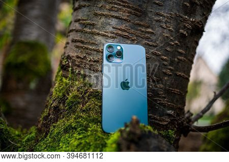Paris, France - Nov 11, 2020: Hero Object Of New Iphone 12 Pro Max 5g Smartphone Model By Apple Comp