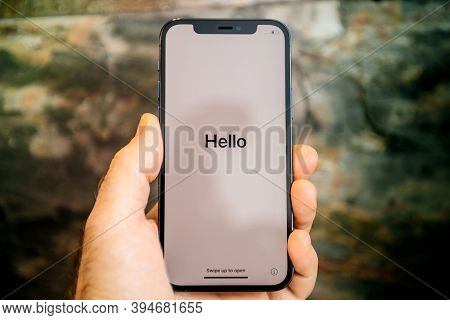 Paris, France - Nov 11, 2020: Hello Word Seen On Display Of New Iphone 12 Pro Max 5g Smartphone Mode