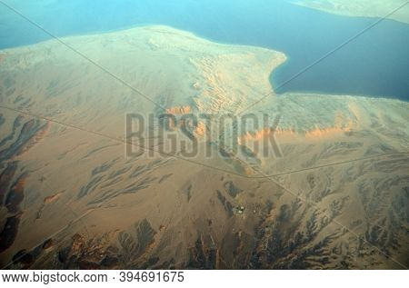 View from the airplane window of the mountains and sea resort of Egypt, Sharm El Sheikh.Flight from Kiev