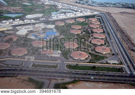 View from the airplane window of the mountains and sea resort of Egypt, Sharm El Sheikh.Flight from Kiev