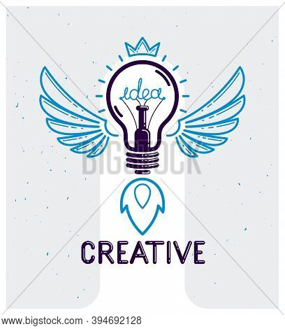 Idea Light Bulb With Wings Launching Like A Rocket Vector Linear Logo Or Icon, Creative Idea Startup