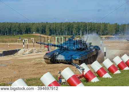 Alabino, Russia - August 25, 2020: T-72b3 Tank Of Uzbekistan Team Painted Blue On The Tank Biathlon 