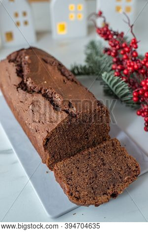 Sweet Chocolate Gingerbread Cake On Festive Background