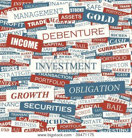 INVESTITIONEN. Nahtloser Vektor-Muster. Wort-Collage. Vektor-Illustration.