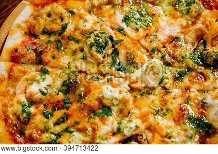 Delicious Shrimp Pizza On Wood Table