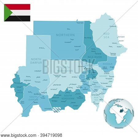 Sudan Administrative Blue-green Map With Country Flag And Location On A Globe.