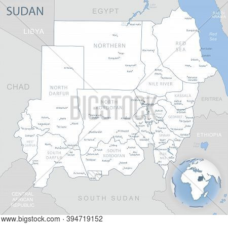 Blue-gray Detailed Map Of Sudan Administrative Divisions And Location On The Globe.