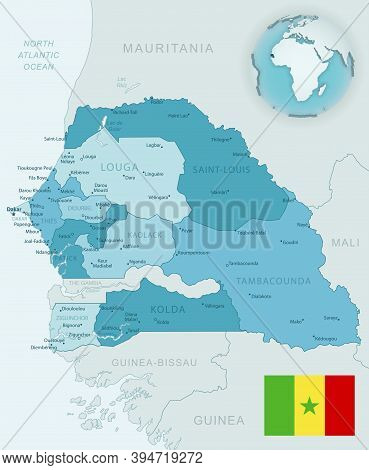 Blue-green Detailed Map Of Senegal Administrative Divisions With Country Flag And Location On The Gl