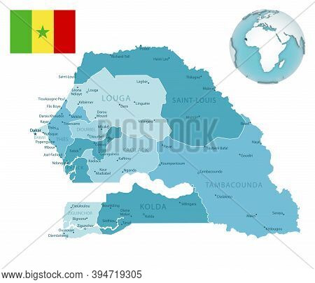 Senegal Administrative Blue-green Map With Country Flag And Location On A Globe.