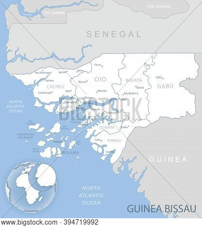 Blue-gray Detailed Map Of Guinea-bissau Administrative Divisions And Location On The Globe.