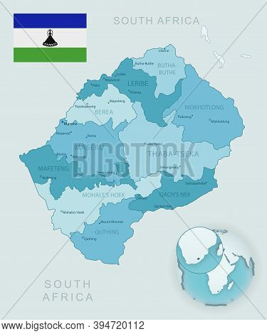 Blue-green Detailed Map Of Lesotho Administrative Divisions With Country Flag And Location On The Gl