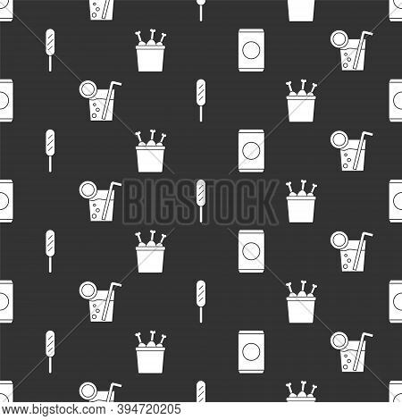 Set Soda Can With Straw, Cocktail, Corn Dog And Chicken Leg In Package Box On Seamless Pattern. Vect