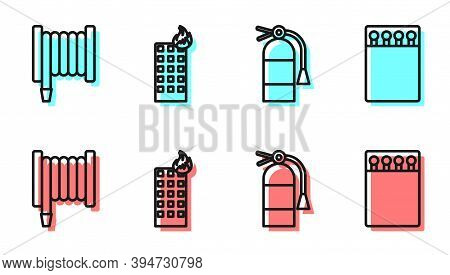 Set Line Fire Extinguisher, Fire Hose Reel, Fire In Burning Building And Open Matchbox And Matches I
